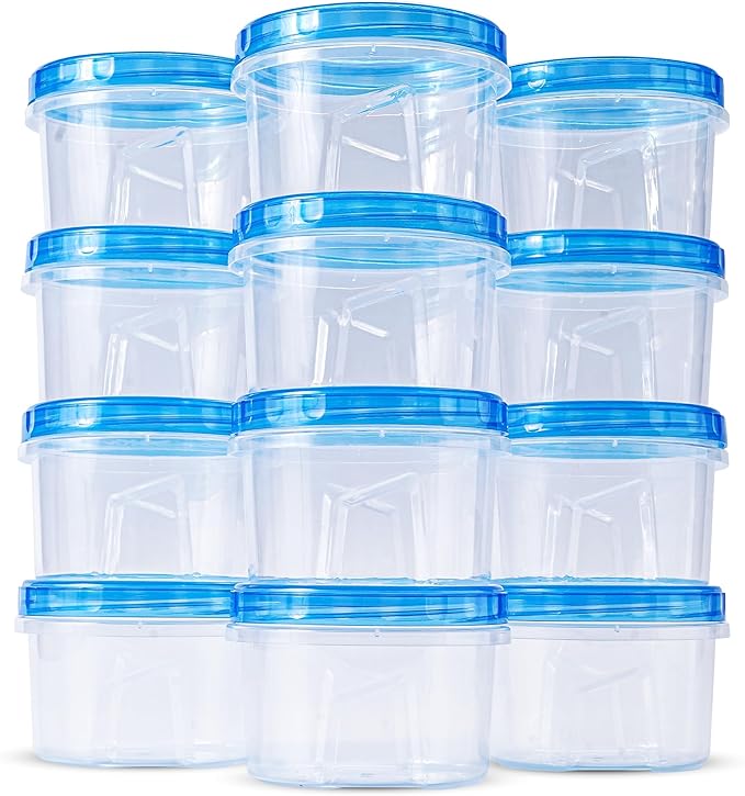 RFAQK Freezer Storage Containers with Lids-12 Plastic 32 oz Deli Containers with 12 Screw Lids-Freezer Containers for Soup with Twist Top Lids-Reusable Plastic Box for Lunch, Gym, Travel (24pcs-16oz)