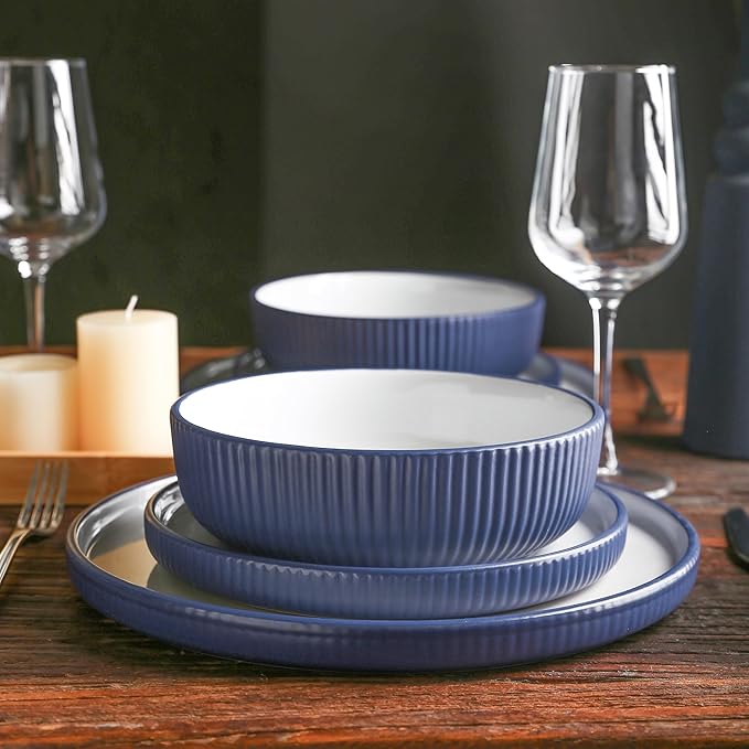 Christian Siriano Laro 24-Piece Stoneware Dinnerware Set, Plates and Bowls Set, Microwave and Dishwasher Safe, Dish Set for 8, Dark Blue