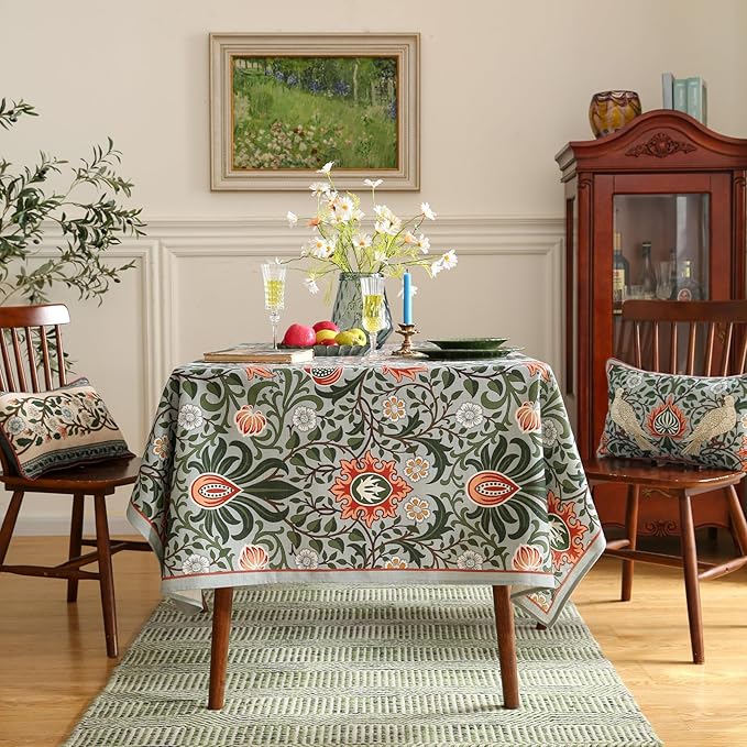 ISAENNE Designer Bohemian Linen Green Rectangular Tablecloth,Floral Indoor Table Cloth,Stain Resistant Decor Tablecloths for Dining Thanksgiving Kitchen Party Christmas,55"*87"-Naples