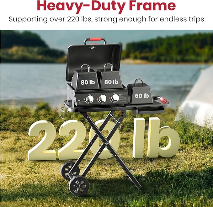 3-Burner Portable Gas Grill with 30,000 BTU, 320 SQ.IN Detachable Propane Grills, Non-Stick Porcelain Grate, Built-in Thermometer, Quick-Fold Design for Camping, Tailgating & Outdoor BBQ