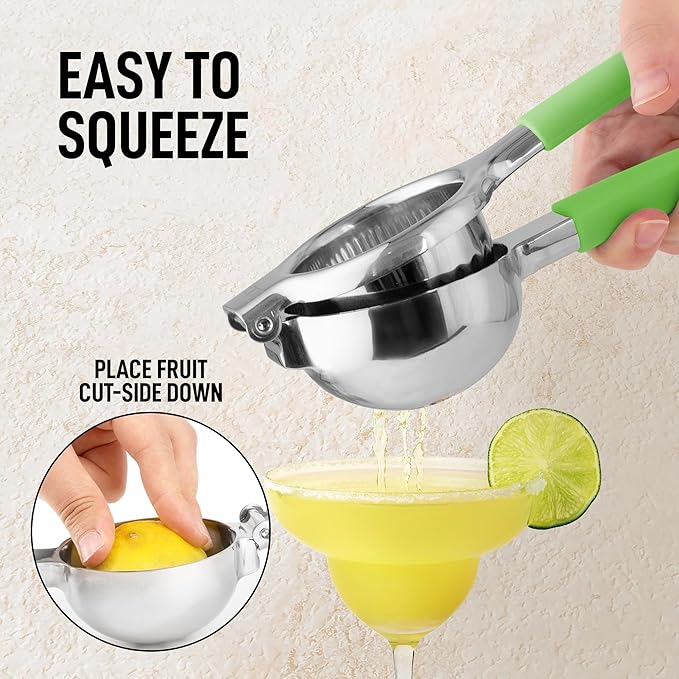 Zulay Kitchen Lemon Squeezer Stainless Steel with Premium Heavy Duty Solid Metal Squeezer Bowl and Food Grade Silicone Handle - Large Manual Citrus Press Juicer and SS Lime Squeezer (Light Green)