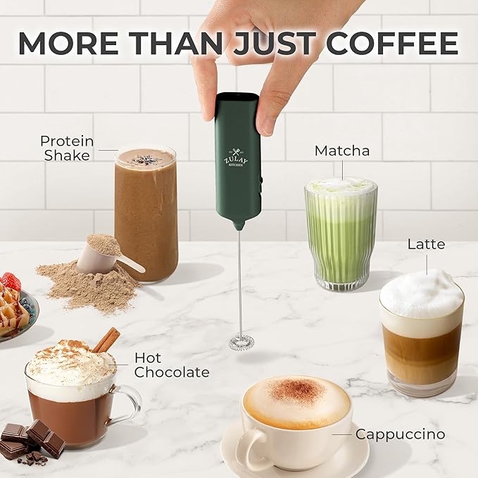 Mini & Mighty Milk Frother Wand – Powerful Handheld Coffee Frother, Battery Operated Drink Mixer – Compact Pocket Size – Detachable Whisk for Latte, Cappuccino, Matcha, Hot Chocolate – Emerald