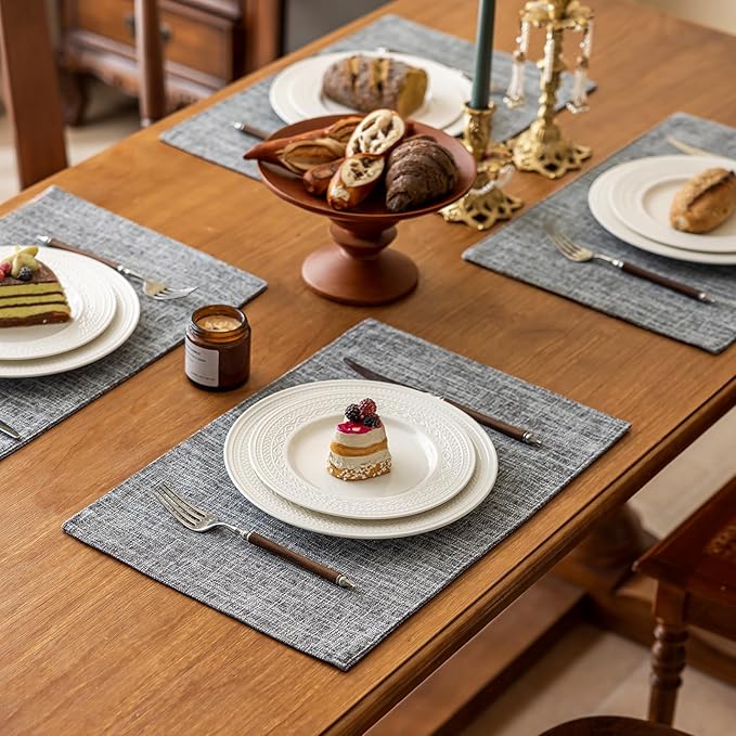 KXN Placemats Set of 8, Dual-Layer Thickened Faux Linen Table Mats, Heat Resistant & Wrinkle-Free, Machine Washable Cloth Place Mats for Kitchen Dining Indoor Outdoor (Light Grey)