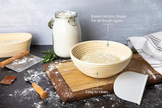 Kook Proofing Set, Sourdough Bread, 1 Rattan 9 Inch Banneton Basket, 1 Basket Cover, Metal Scraper, Plastic Scraper, Scoring Lame, 5 Blades and Case, Baking Kit, Dough Bowls, Round Shape