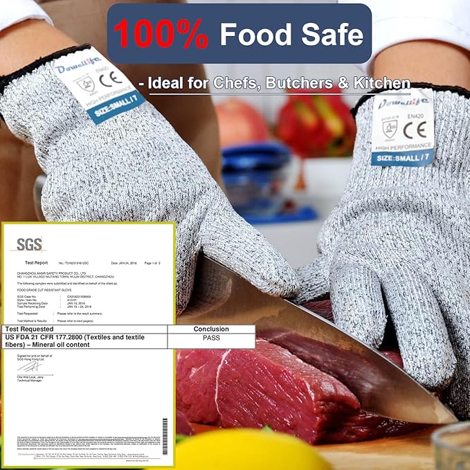 Dowellife Cut Resistant Gloves Food Grade Level 5 Protection, Safety Kitchen Cuts Gloves for Oyster Shucking, Fish Fillet Processing, Mandolin Slicing, Meat Cutting and Wood Carving. (X-Large)