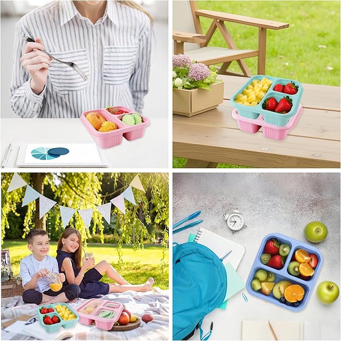 Finorder 4 Pack Wheat Straw Containers, Pastel Multi-color 3 Compartment Reusable Snack Bento Box Toddler, Square Meal Prep Food Containers for Kids, Adults, Office and Travel