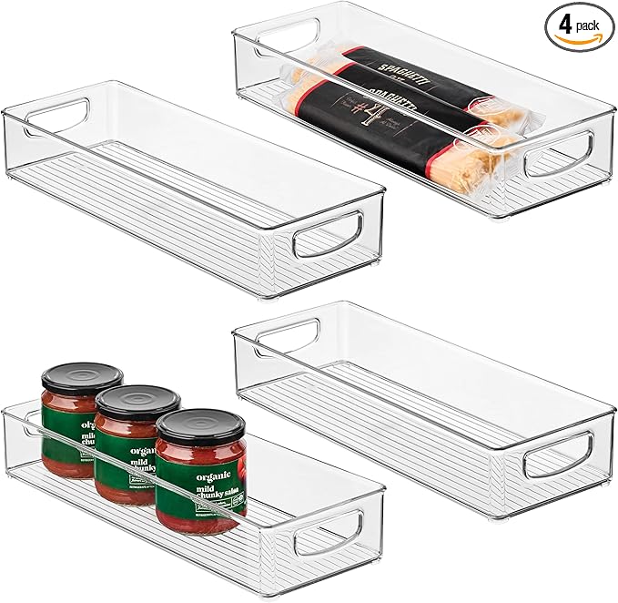 iDesign Slim Extra Long Clear Storage Bin, Narrow Stackable Organizer for Kitchen or Pantry, 4-Pack