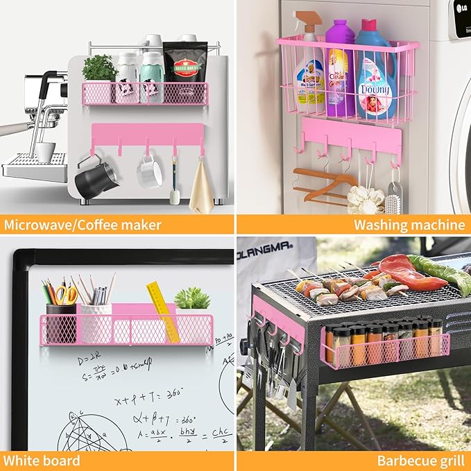 Magnetic Spice Rack for Refrigerator, 7 Pack 100% Metal Strong Magnet Shelf, Spice Organizer W/ Paper Towel Holder, Hook Rack, Utensil Caddy & Cutting Board Holder, Home Kitchen Organization (Pink)