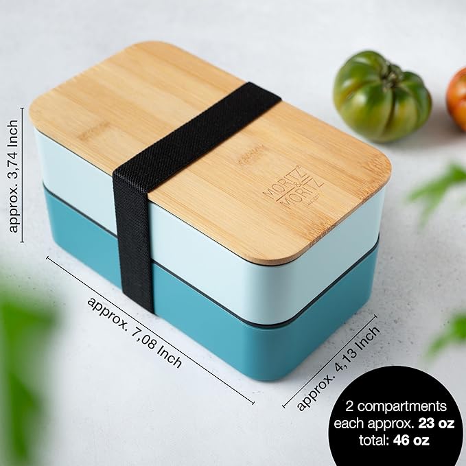 Premium Bento Box for Adults Blue – 2-Tier 46 oz Lunch Container Box with Bamboo Lid, BPA-Free & Leakproof, Microwave & Dishwasher Safe, Includes Food Divider & Cutlery – Ideal for Work & Travel