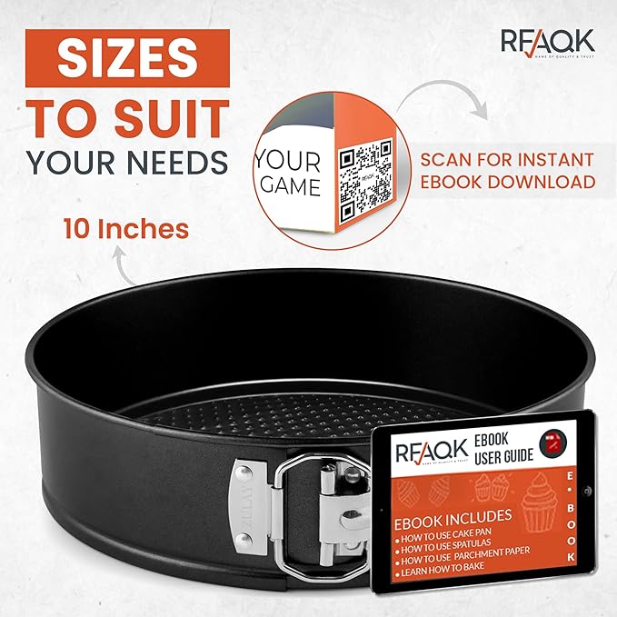 RFAQK 10 Inch Nonstick Springform Pan with Removable Bottom - LeakProof Cheesecake Pans with 30PCs Parchment Papers & Bonus Recipe e-Book - Perfect Baking Every Time
