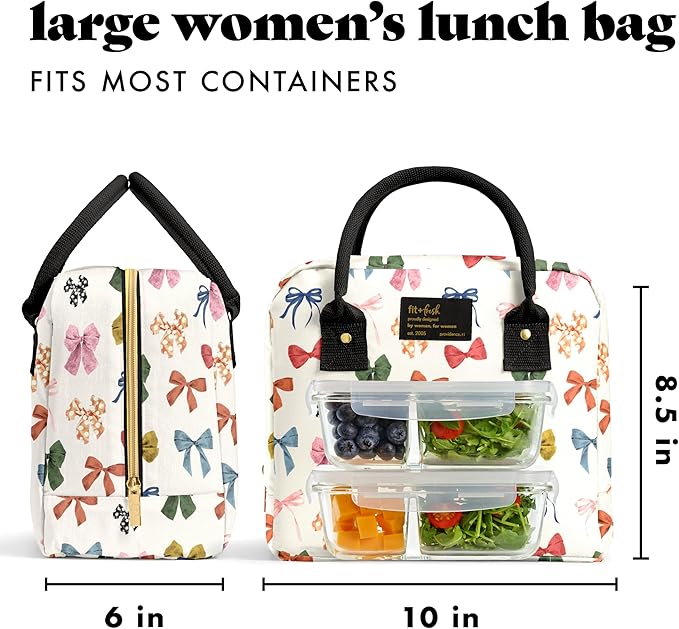 Fit & Fresh Bloomington Lunch Bag for Women - Insulated Large Lunch Box for Work with Containers, Leak-Resistant, Stain-Resistant, Zipper Closure, Fall Bows