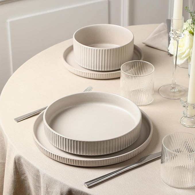 Stone Lain Haven Stoneware 32-Piece Dinnerware Set, Plates and Bowls Sets for 8, Dish Set, Includes Dinner and Salad Plates, Cereal Bowls, Glassware, Microwave & Dishwasher Safe, Beige