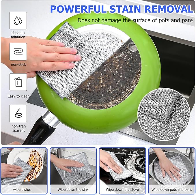 Cast Iron Scrubber with Bamboo Fiber Cloth and Pan Scraper, 316L Cast Iron Cleaner Set – Removes Stains, Protects Coatings, Safe for Dutch Oven, Skillets, Griddles(Blue)