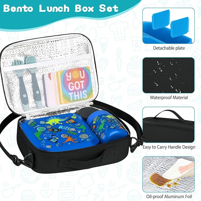 Bento Lunch Box for Kids with 12oz Soup Thermo Leak-Proof Lunch Food Container with 5 Compartment Thermo Hot Food Jar and Insulated Lunch Bag for Kid Toddler Girls Boys to School