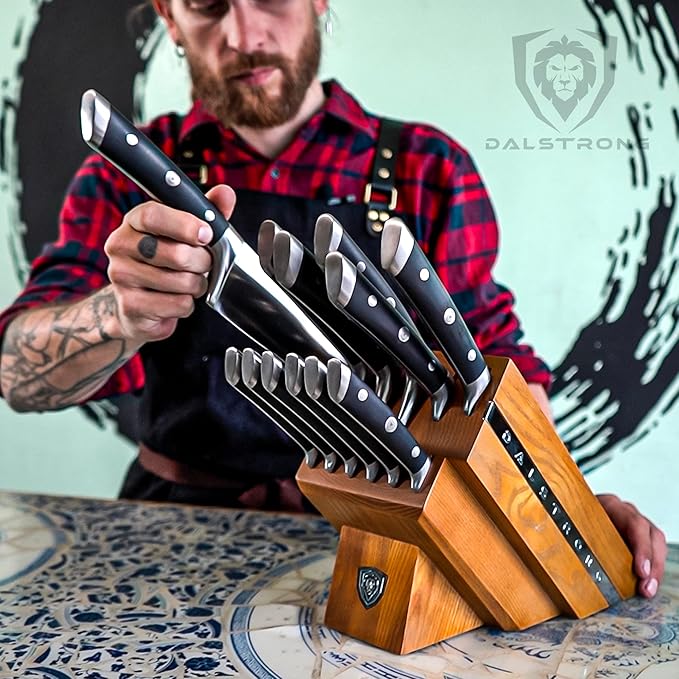 DALSTRONG 12-Piece Knife Block Set - Gladiator Series Elite - Black Handles - German HC Steel - Hand-Made Manchurian Ash Wood Block - NSF Certified