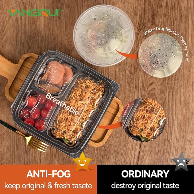 YANGRUI Food Containers 9.5" 38 oz 45 Pack - Anti Fog Lid Shrink Wrap Commercial PP BPA Free Takeout Box | Reusable & Disposable, Freezer & Microwave Safe | Restaurant 3 Compartment Plastic Container