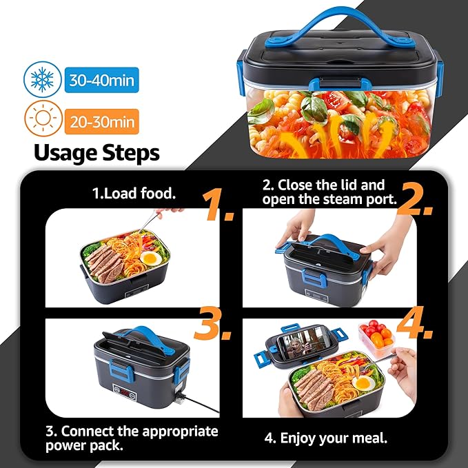 Nifogo Electric Lunch Box for Adults 80W with Temperature Display Heated Lunch Box Food Warmer Lunch Box 1.8L Stainless Steel Container&Bag 12V/24V/110V for Car/Truck/Work(Blue)