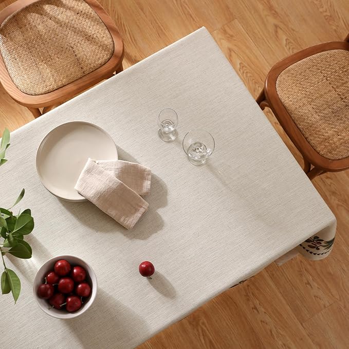 ISAENNE Designer Christmas Linen Small Rectangular Tablecloth,Light Beige Western Elegant Table Cloth,Wrinkle Resistant Decor Tablecloths for Dining Thanksgiving Kitchen Christmas,55"*71"-Carol G