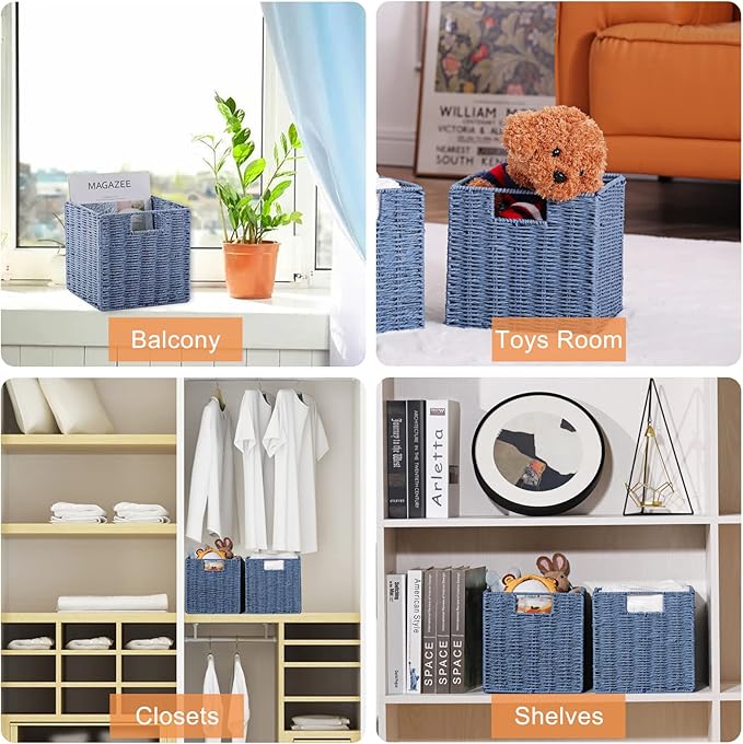 Vagusicc Wicker Storage Basket, Set of 2 Hand-Woven Storage Baskets for Shelves with Handles, Foldable Cube Storage Baskets Bins 11 Inch Large Wicker Baskets for Pantry Decor, Blue(11''x11''x11'')