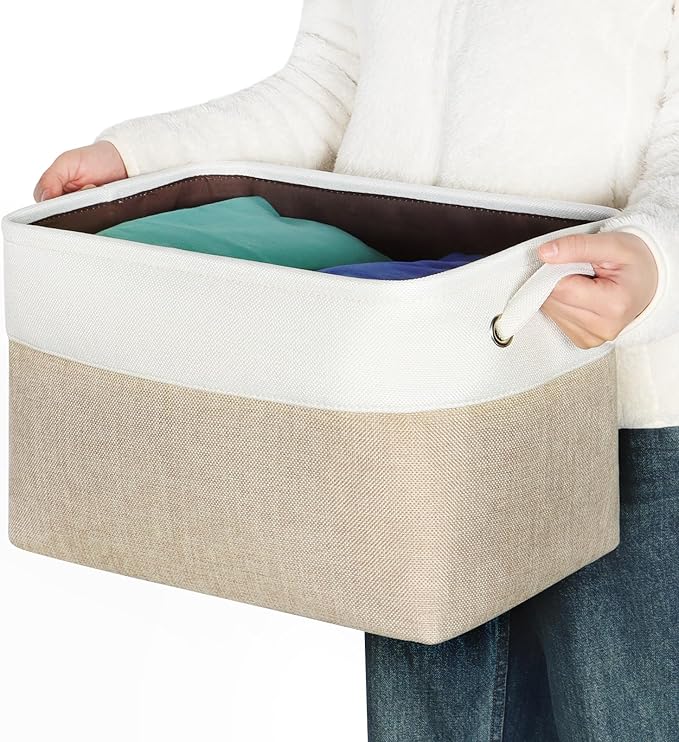 Kntiwiwo Foldable Storage Bin Collapsible Fabric Storage Basket Cube with Durable Handles Closet Organizer Bins for Organizing Shelves Drawers, Set of 3, 15" x 10" x 9.5", Beige