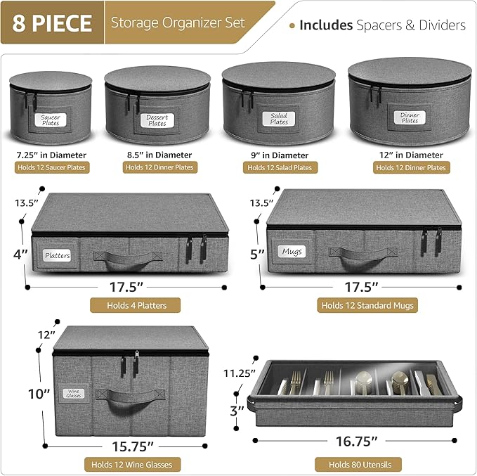 Sorbus China Storage Containers Hard Shell - Glass & Dish Storage Containers for Transport, Moving, Party - 8 Pc Stackable Plate Storage Set for Dinnerware, Mugs, Cups - Felt Plate Protectors Included