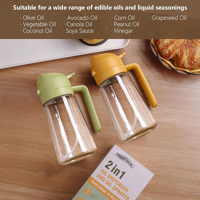 Oil Sprayer for Cooking, 16oz/470ml 2 In 1 Glass Olive Oil Sprayr & pourer for Kitchen, Air Fryer, Cooking, Salad, BBQ (Yellow)