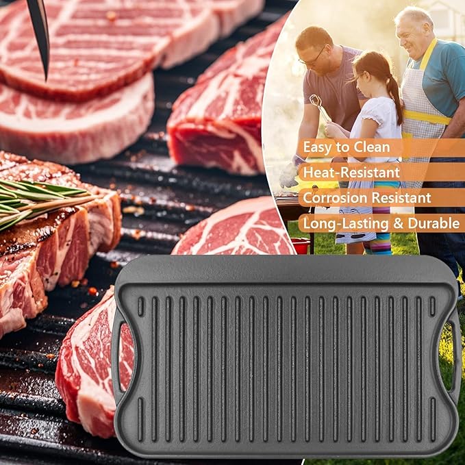 Large Cast Iron Griddle Insert, Skillet, Oblong Grilling Pan for Stovetop,Pre-Seasoned Stovetop Griddle Gas Stove Grill Plate Oven, 17" x 10" Reversible Pancake Pan for Weber,Charbroil etc.,1PC