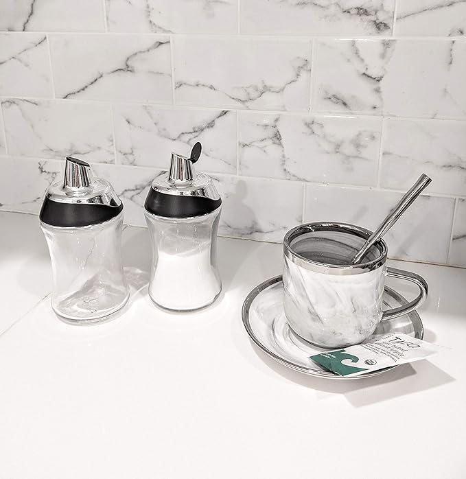 J&M DESIGN Sugar Dispenser with Pour Spout Lid Sugar Container Shaker Coffee Bar Accessories Organizer Essentials Powdered Creamer Baking Supplies 7.5oz Glass Jar Pourer Sugar Bowl Salt Dish Holder