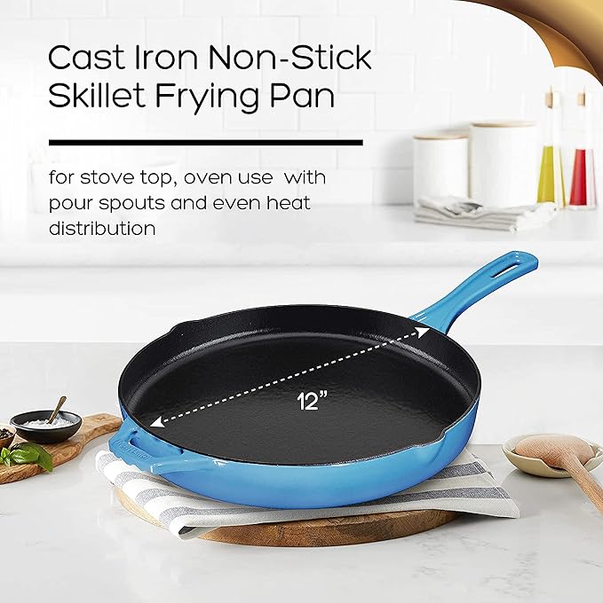 Bruntmor 12'' Blue Pre-seasoned Cast Iron Frying Pan, 12 Inch Oven Safe Skillet, Grill Pan Set, Nonstick Cookware And Bakeware For Casserole Dish