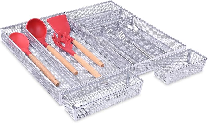 WuGeShop Expandable Silverware Drawer Organizer, Metal Mesh Large Kitchen Flatware Cutlery Tray, Adjustable Kitchen Drawer Organizer for Large Utensils (7+2 Compartment, Silver)