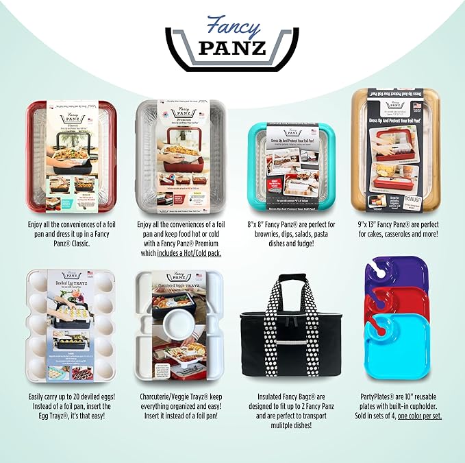 Fancy Panz - Red Premium Aluminum Foil Pan Carrier with Lid & Hot/Cold Pack - Elevated Food Serving Tray - Portable Casserole Carrier with Lid - Made in the USA Hosting Essentials