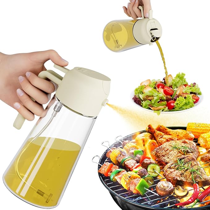 Marbrasse Oil Dispenser for Kitchen,20 OZ /600ml Leakproof Glass Oil Bottle with Auto Flip Cap,Olive Oil Dispenser for Kitchen Cooking（Beige）