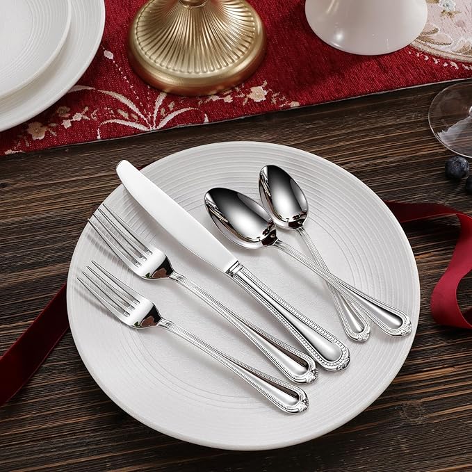 KEAWELL Pearl Edge Premium 65-Piece Refined Bead Silverware Set, 18/10 Stainless Steel, Service for 12, Fine Flatware Set with Serving Utensils, Dishwasher Safe (65, Silver)