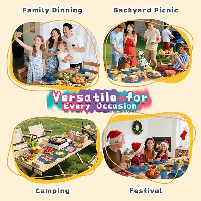 Wheat Straw Dinnerware Sets, 32 PCS Dishes Set for 8, Unbreakable Lightweight Reusable Plates and Bowls Sets for Kitchen Outdoors RV Camping Patio, Dishwasher & Microwave Safe - Blue