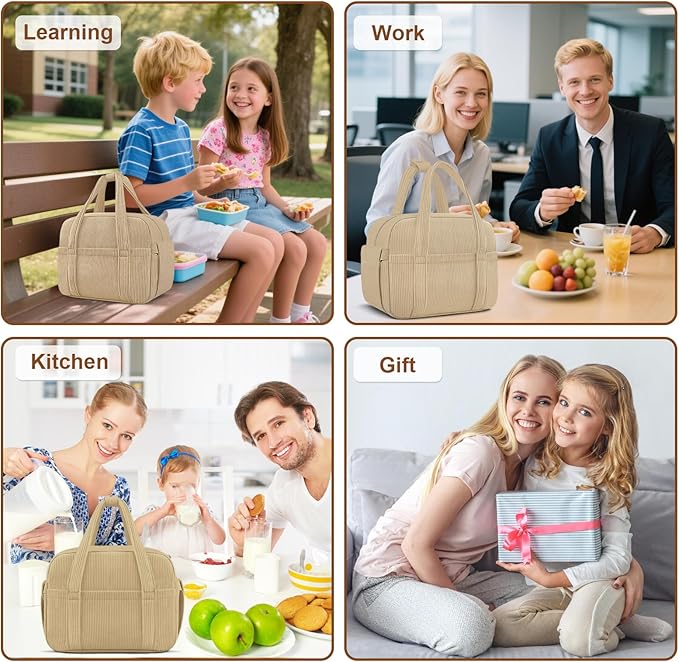 Corduroy Lunch Box Lunch Bag for Women Men, Cute Strawberry Small Insulated Reusable Work Leakproof Simple Lunch Boxes Tote Bag Adults Cooler Bag