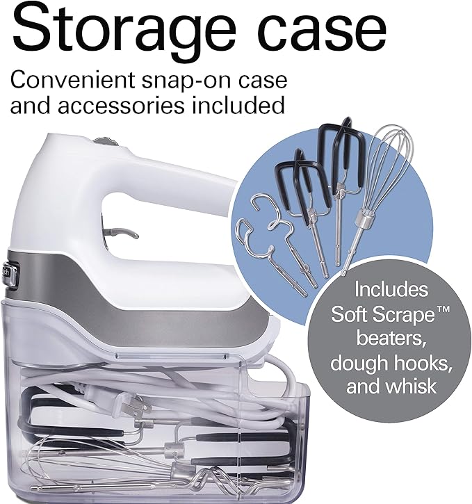 Hamilton Beach Professional 7-Speed Digital Electric Hand Mixer with High-Performance DC Motor, Slow Start, Snap-On Storage Case, SoftScrape Beaters, Whisk, Dough Hooks, White (62656)