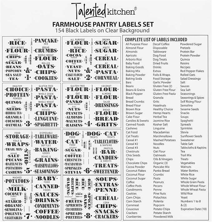 Talented Kitchen Clear Vinyl Pantry Labels for Food Containers - Waterproof & Repositionable for Kitchen Jars - Farmhouse Pantry Organization - Preprinted Baking Labels - Pack of 154, Assorted Sizes