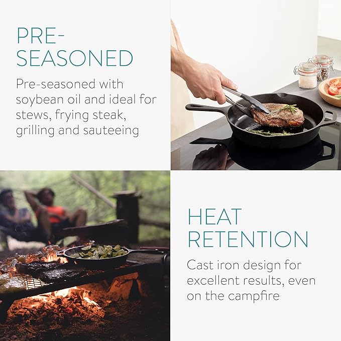 Navaris Cast Iron Skillet - 10 inch Cast Iron Pan - Seasoned Cookware for Frying, Cooking, Oven, Stove Top, Camping