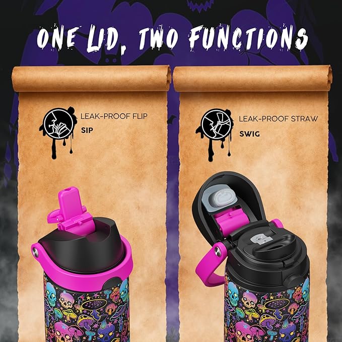 ENCOOL Halloween Insulated Water Bottle with Straw - Stainless Steel Water Bottle with Push Button Lid, Leak-Proof BPA-Free, Keeps Cold for 24 Hours for Halloween gifts, Party (24 oz, Trippy Skulls)