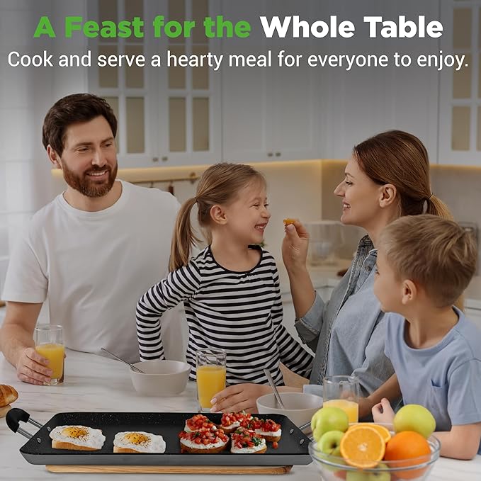 NutriChef Double Burner Griddle, Non-Stick Stove Top Griddle for Gas Stove, Dishwasher Safe, Heatproof Bakelite Handles, Even Heat Distribution, PFOA & PFOS Free, 20” x 12” x 0.8” Inch (Black)