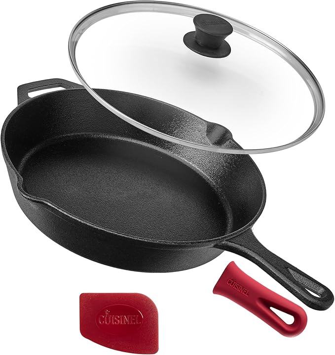 Cuisinel Cast Iron Skillet with Lid - 12"-Inch Frying Pan + Glass Lid + Heat-Resistant Handle Cover - Pre-Seasoned Oven Safe Cookware - Indoor/Outdoor Use - Grill, BBQ, Fire, Stovetop, Induction Safe