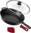 Cuisinel Cast Iron Skillet with Lid - 12"-Inch Frying Pan + Glass Lid + Heat-Resistant Handle Cover - Pre-Seasoned Oven Safe Cookware - Indoor/Outdoor Use - Grill, BBQ, Fire, Stovetop, Induction Safe