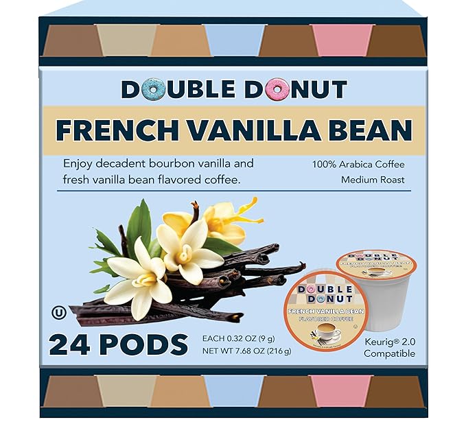 French Vanilla Coffee Pods, Vanilla Bean Flavored in Recyclable Single Serve Vanilla Pods for the Keurig K Cups Coffee Makers, Medium Roast, from Double Donut - 24 Count