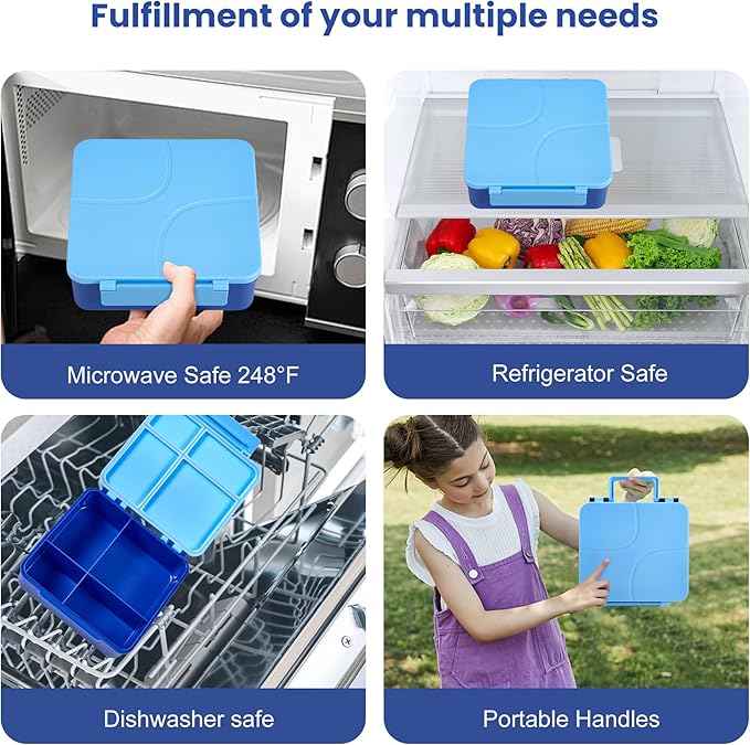 Bento Lunch Box for Kids with 8oz Soup Thermo,Kids Leakproof Lunch Food Containers with 4 Compartment,Kid Insulated Thermo Hot Food Jar for School,Trvael-Blue