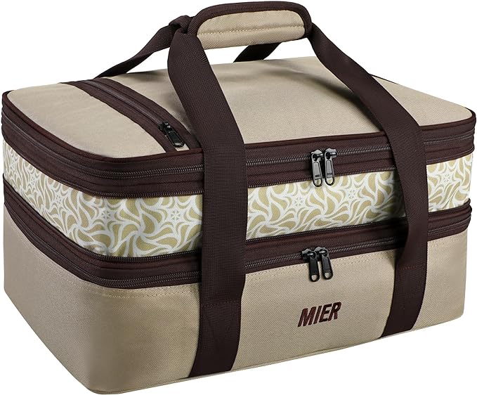 MIER Insulated Double Casserole Carrier Bag Thermal Lunch Tote for Lasagna Lugger, Potluck Parties, Picnic, Beach, Fits 9 x 13 Inches Baking Dish, Casserole Dish, Expandable by Mid Zipper, Khaki
