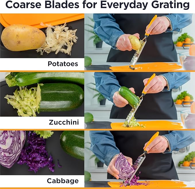 Deiss PRO Coarse Grater & Hand Held Cheese Grater - Sharp Stainless Steel Blades, Non-Slip Handle, Small Cheese Grater for Kitchen, Shredder, Dishwasher Safe
