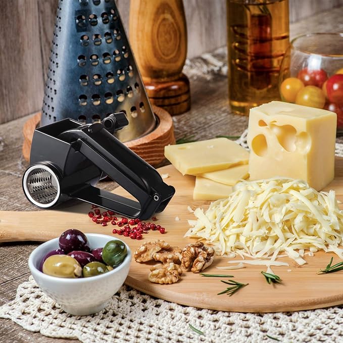 Boao Rotary Cheese Grater Manual Handheld Cheese Grater with Stainless Steel Drum for Grating Hard Chocolate Nuts Kitchen Tool(Black,1 Piece)
