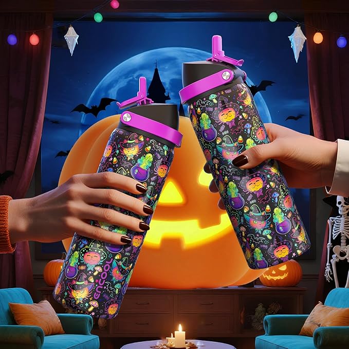 Halloween Insulated Water Bottle with Straw - Stainless Steel Water Bottle with Push Button Lid, Leak-Proof BPA-Free, Keeps Cold for 24 Hours for Halloween gifts, Party (24 oz, Meowgic Night)