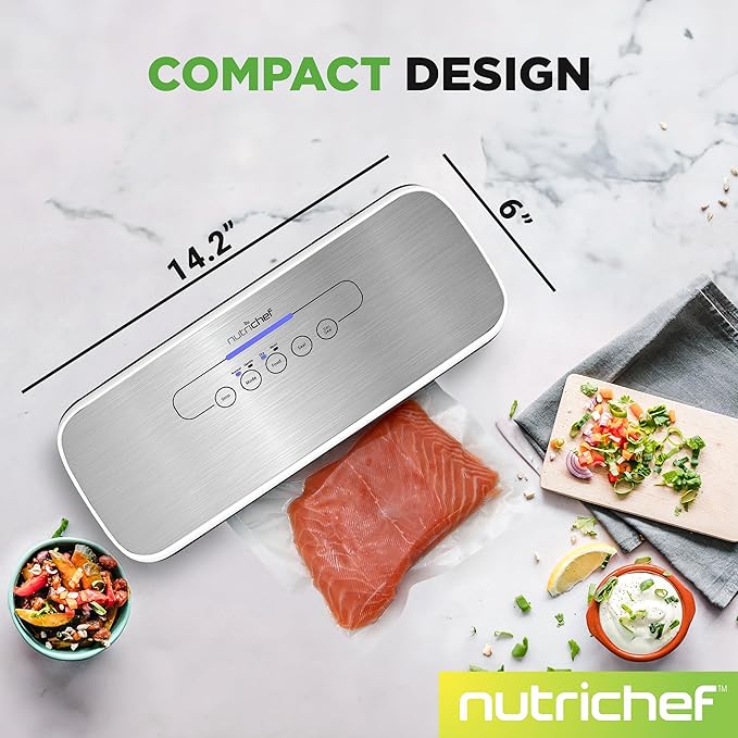 NutriChef Vacuum Sealer Machine – Compact Silver Vacuum Sealing System with Dry & Moist Modes, LED Indicators, Starter Kit & Extra Bags – Ideal for Food Preservation, Meal Prep & Sous Vide Cooking