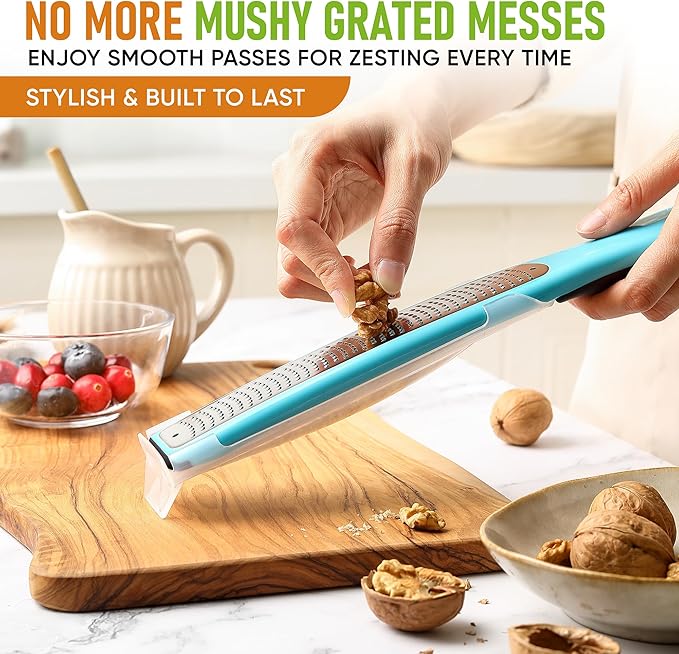 Spring Chef Premium Lemon Zester Grater with Handle - Fruits, Garlic, Chocolate, Nutmeg, Ginger Grater - Heavy Duty Kitchen Tool - Stainless Steel Citrus Zester with Blade Cover - Fine Shred, Aqua Sky